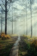 Obraz premium dreamy road among foggy pine forest