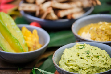Tropical fruit platter with fruit, meat, seafood, ice cream, fresh food
