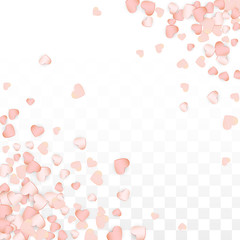 Love Hearts Confetti Falling Background. St. Valentine's Day pattern Romantic Scattered Hearts. Vector Illustration for Cards, Banners, Posters, Flyers for Wedding, Anniversary, Birthday Party, Sales.