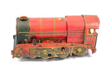 Vintage Red Used Wind Up Toy Train on White Background
