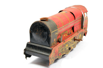 Vintage Red Used Wind Up Toy Train on White Background