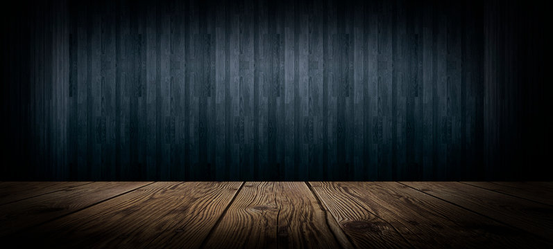 Dark empty room, wooden floor and wooden wall. Dark empty room scene.