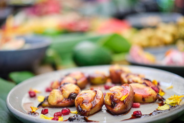 Tropical fruit platter with fruit, meat, seafood, ice cream, fresh food