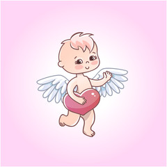 Angel baby with heart in hands on a white background. Greeting card for Valentine's day.