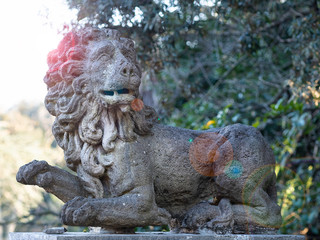 Proud stone lion staring majestically 
