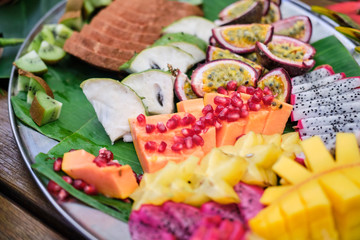 Tropical fruit platter with fruit, meat, seafood, ice cream, fresh food