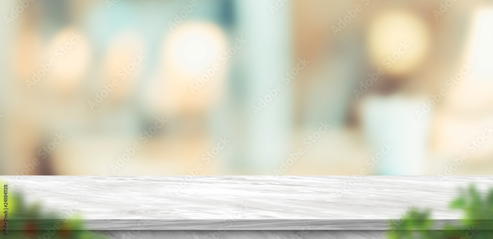 Leinwandbilder Empty grey marble table and blurred soft light table with foreground leaf in luxury restaurant with bokeh background. product display template.Business presentation.