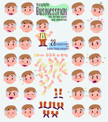 Businessman in casual style. Twenty eight expressions and basics body elements, template for design work and animation. Vector illustration to Isolated and funny cartoon character.