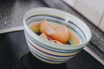 Close-up of eggshells in kitchen