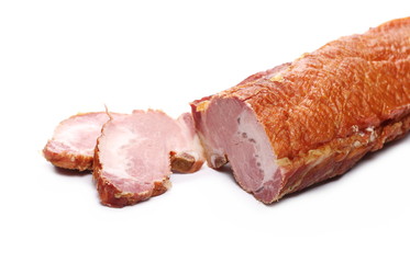 Traditional cured, smoked meat isolated on white background