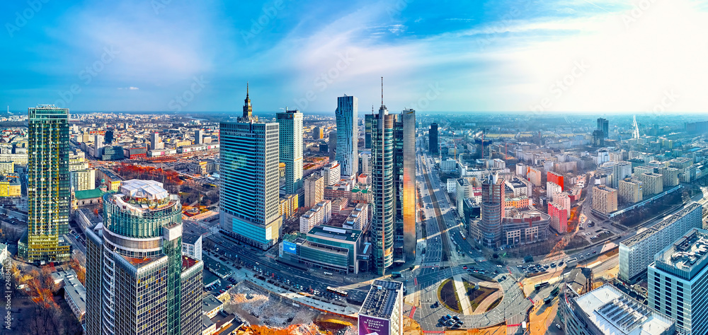 Wall mural beautiful panoramic aerial drone view to panorama cityscape of warsaw modern city, pkin and 