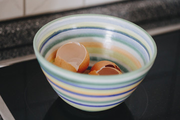 Close up of eggshells in bowl