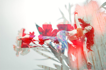 double exposure woman practising yoga and toned oleander flowering branch on white...