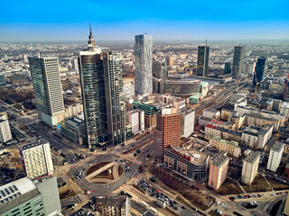 Fototapeta na wymiar WARSAW, POLAND - FEBRUARY 10, 2019: Beautiful panoramic aerial drone view to panorama cityscape of Warsaw modern City, PKiN and 