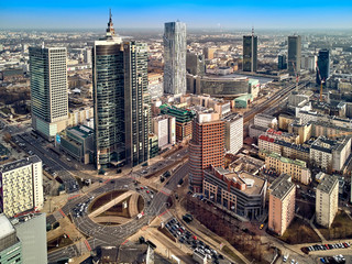 WARSAW, POLAND - FEBRUARY 10, 2019: Beautiful panoramic aerial drone view to panorama cityscape of...