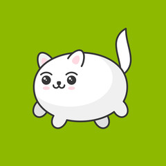 Cute Cartoon Kawaii White Cat on Green Background. Vector
