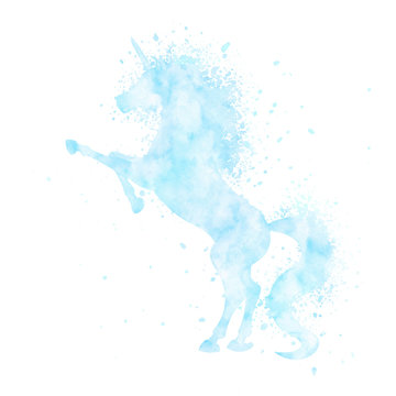 Watercolor unicorn silhouette painting with splatter isolated on white background. Blue magic creature vector illustration.