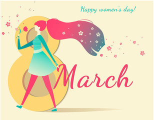 Greeting card for international women's day in flat style. Girl and flowers.