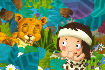 cartoon scene with caveman barbarian warrior with spear encountering sabre tooth illustration for children