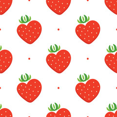 Vector seamless pattern background with cute cartoon strawberry in the shape of the heart.