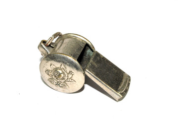 Retro Vintage Silver Metal Whistle on White Background