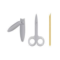 Vector illustration manicure accessory tools nail scissors, tweezers metal, wooden stick. Vector illustration. Isolated