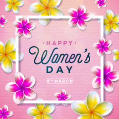 8 March. Happy Womens Day Floral Greeting card. International Holiday Illustration with Flower Design on Pink Background. Vector Spring Celebration Template.