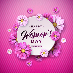 8 March. Happy Womens Day Floral Greeting card. International Holiday Illustration with Flower Design on Pink Background. Vector Spring Celebration Template.