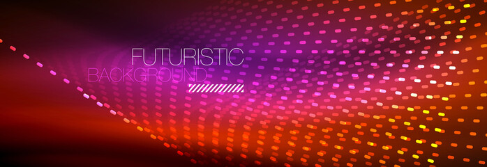 Glowing light particles in dark neon space, magic glow shiny abstract background