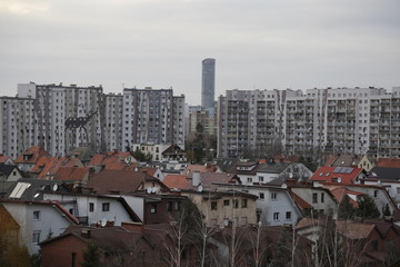 Urban, city landscape during the winter. Housing estate. Blocks of flats, skyscraper, houses....