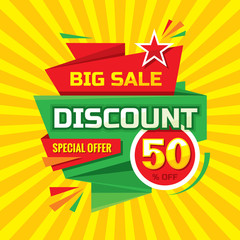 Discount 50 % off - advertising vector banner in origami retro style. Big sale layout. Special offer concept sticker. 