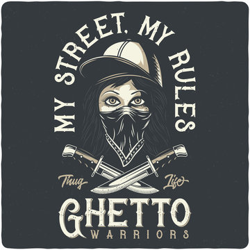 T-shirt or poster label design with illustration of a bandit girl with bandana, hat and knives. Design with lettering composition.