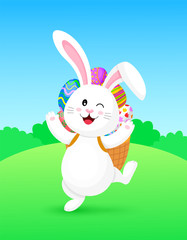 Cute cartoon white rabbit with backpack of Easter eggs.  Eggs hunt,  Happy Easter day.  Cartoon character design. Illustration.
