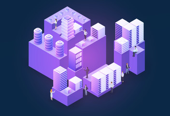 3d isometric concept big data center with server or hosting and peoples. Abstract design composition for website, banner, landing page. High technology vector illustration.