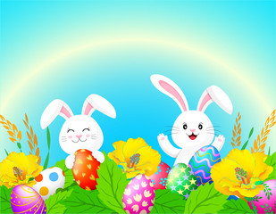 Cute cartoon white bunny with Easter eggs and flower. Nice decoration for Easter time. Illustration.