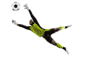 Male soccer player goalkeeper catching ball in jump. Silhouette of fit man with ball isolated on white studio background