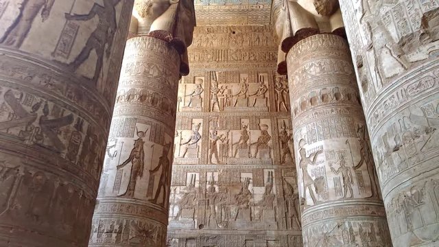 Beautiful interior of the temple of Dendera or the Temple of Hathor. Egypt, Dendera, near the city of Ken.