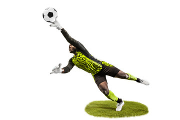Male soccer player goalkeeper catching ball in jump. Silhouette of fit man with ball isolated on white studio background © master1305