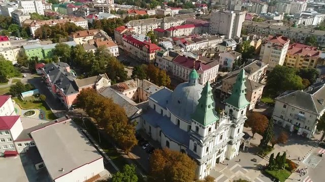 aerial view Cathedral,lake, quay Ternopil, Ukraine