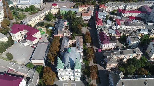 aerial view Cathedral,lake, quay Ternopil, Ukraine