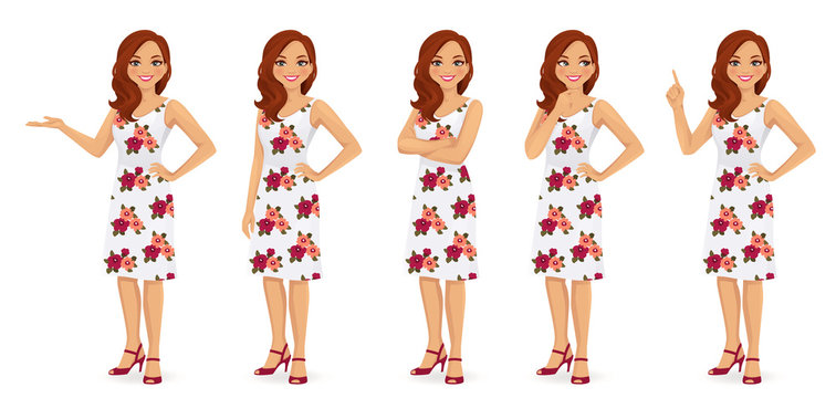 Woman Character In Dress Set With Flower Print Isolated