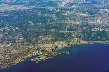 Aerial view of the Humber Bay Park East and Toronto area cityscape