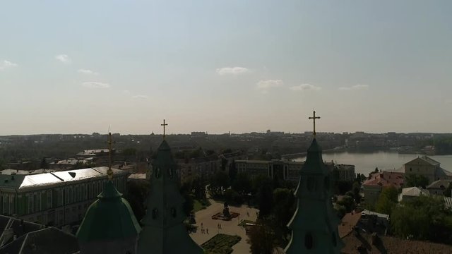 aerial view Cathedral,lake, quay Ternopil, Ukraine