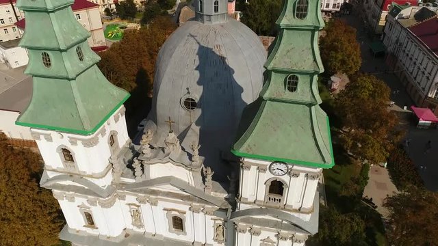 aerial view Cathedral,lake, quay Ternopil, Ukraine