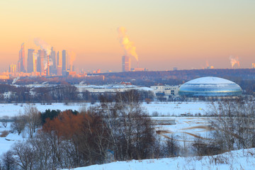 View of the city on a cold, winter evening, at sunset.