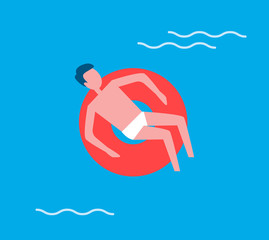 Man floating on water in lifeline. Person male relaxing and swims in swimming pool using lifebuoy. Relaxation recreating holiday summertime vector