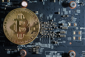 Royalty high quality free stock photo of close up Gold bitcoin electronic coin icon is on an...