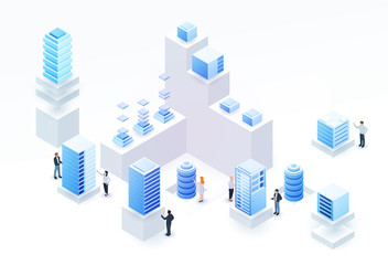 3d isometric concept big data center with server or hosting and peoples. Abstract design composition for website, banner, landing page. High technology vector illustration.