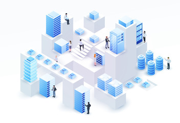 3d isometric concept big data center with server or hosting and peoples. Abstract design composition for website, banner, landing page. High technology vector illustration.