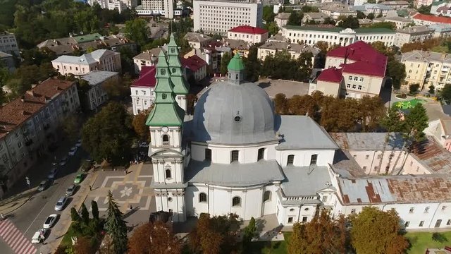 aerial view Cathedral,lake, quay Ternopil, Ukraine
